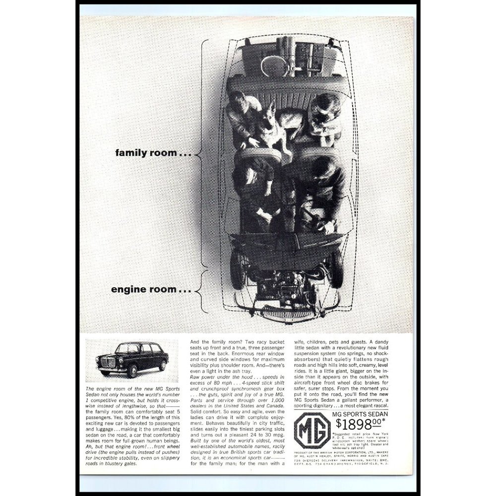 1963 MG Sports Sedan Vintage Print Ad Cutaway Photo Family Room Engine Wall Art